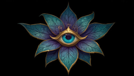 An artistic digital illustration features a central eye within a stylized flower. The petals exhibit shades of blue and teal, accented by golden elements. The composition, set against a dark background, uses lighting to highlight the intricate textures and details, suitable for various conceptual and design applications.の素材