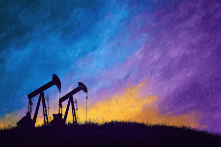 This image displays silhouetted oil pumps set against a vibrant, multicolored sky. The composition highlights the dark forms of the machinery contrasting with the bright hues. The style suggests an outdoor setting possibly at dusk, indicating energy production and its relationship with the environment. Suitable for editorial and commercial purposes.の素材