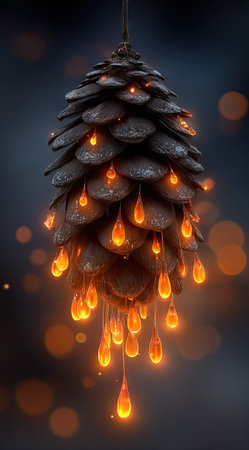 A stylized pinecone hangs against a blurred backdrop. The detailed texture of the cone contrasts with the glowing, teardrop-shaped elements emanating light. The composition evokes a sense of wonder. This image is suitable for various creative projects, including designs, illustrations, and other visual applications.の素材