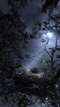 An overhead view depicts a nest nestled amongst tree branches under a full moon. The scene features deep blue hues and a soft, misty ambiance. The composition suggests a nocturnal setting, possibly a forest. Suitable for various creative projects or commercial endeavors.の素材