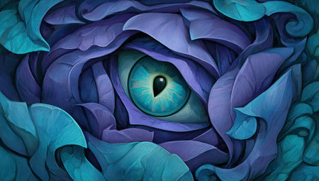 An artistic illustration presents a captivating eye at the center, framed by layered, stylized petals. The image uses a vivid color palette of blues and purples, enhancing the visual texture. The composition focuses on intricate details and highlights the interplay of light and shadow. Suitable for conceptual, artistic, or decorative purposes.の素材