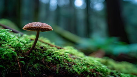 An isolated mushroom, the subject, is on a moss covered log. Green moss dominates the foreground. The image has a shallow depth of field, with a blurred background suggesting a forest setting. The lighting is soft and diffused, enhancing the natural colors, ideal for environmental or nature-themed commercial projects.の素材