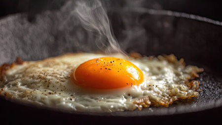 An overhead view shows a fried egg in a dark pan. The egg's yolk is a bright orange, surrounded by white cooked egg. Steam rises from the egg. The composition is close up, with a dark background. Suitable for culinary illustrations or food-related commercial projects.の素材