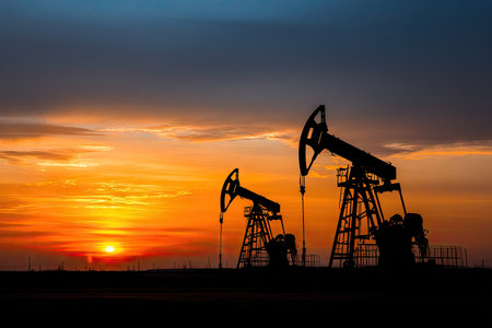 Two oil pumps are silhouetted against a beautiful sunset sky. The image captures the machinery in operation. Warm colors dominate the scene, creating a dramatic contrast between the dark structures and the bright, luminous backdrop. This visual may be suitable for illustrating energy, industry, and economic themes.の素材