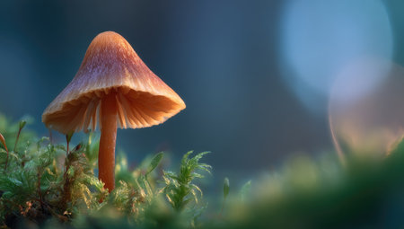 A solitary orange mushroom emerges from green moss, its cap catching the sunlight. The image displays a blurred background with bokeh effects. The scene uses natural lighting and focuses on detail, making it suitable for editorial or commercial purposes. The mushroom is the primary focus of the composition.の素材