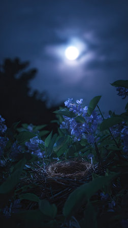 A nighttime photograph depicts a luminous full moon shining through scattered clouds. The foreground reveals delicate blue flowers and a bird's nest. The overall composition is dark, lit by the moon, suggesting an outdoor setting. The image could be used for various commercial projects, including editorial content and design.の素材