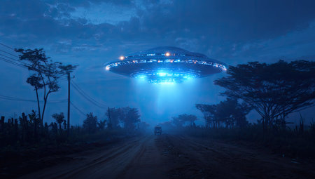 A digitally rendered image presents a detailed depiction of a flying saucer positioned above a rural road under a twilight sky. The scene features a strong central focus, dramatic lighting and a cool color palette. The composition suggests possible use in science fiction illustrations, concept art, or creative design projects.の素材