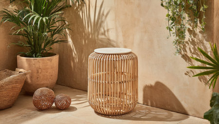 A rattan stool stands in a sunlit indoor space surrounded by potted plants and lush greenery. The composition utilizes soft lighting and warm color tones, including beige and earth tones. It evokes a sense of tranquility, with textures and shadows adding depth. This image can be used for various lifestyle and design projects.の素材