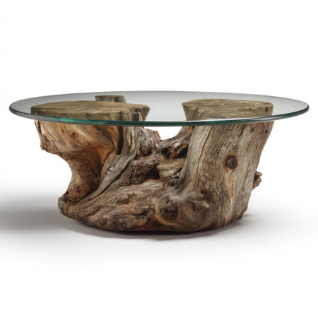 This image shows a coffee table featuring a natural wood base and a clear glass top. The wood exhibits rough textures, and the table sits against a white backdrop, highlighting its form. The composition uses overhead lighting. Suitable for home decor, furniture design, and advertising materials.の素材