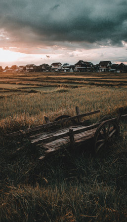 An old wooden cart rests in a field of golden grass, set against a backdrop of dark clouds and a setting sun. The scene features a rustic aesthetic with warm and cool tones. The image may be suitable for content related to farming, history, or nature themes, useful for various commercial projects.の素材