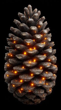A detailed image features a pinecone adorned with warm glowing lights against a solid black backdrop. The composition highlights the texture and form of the pinecone, emphasizing its natural elements with the artificial light. This visually appealing illustration could be utilized in various commercial applications.の素材