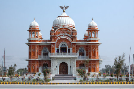 An architectural structure features multiple domes and decorative elements. The exterior displays a combination of colors with a symmetrical composition. The building is set against a clear sky, suggesting an outdoor setting. Suitable for various commercial applications, including editorial content or architectural presentations.の素材