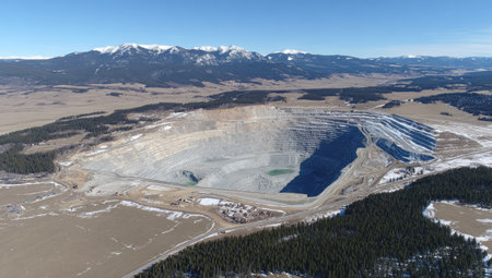 An aerial view showcases a large open pit mine carved into the earth, revealing layers of soil and rock. The scene features muted earth tones contrasted by a clear blue sky and snow-capped mountain range. Potential uses include illustrating environmental issues, resource extraction, or industrial landscapes.の素材