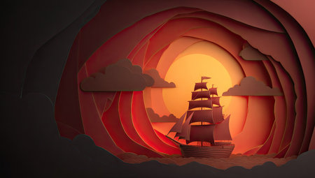 A stylized paper cutout depicts a sailing ship on the ocean, framed by layered paper waves. The warm color palette of sunset hues creates depth and contrast. The composition utilizes silhouette and negative space, suggesting adventure or travel and is suitable for various creative projects.の素材