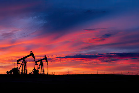 Two oil pumps stand as silhouettes against a vibrant sunset, showcasing deep blues and fiery oranges. The image presents a dramatic composition with high contrast, suggesting an outdoor setting. This scene may be suitable for commercial illustrations and editorial content related to energy resources.の素材