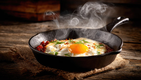 A freshly cooked fried egg sits in a cast iron pan. The egg yolk appears bright orange against the white. Steam rises, suggesting it is hot. The pan is on a wooden surface with a burlap cloth, and a blurred wooden background, possibly an indoor setting. Ideal for culinary and food-related content.の素材