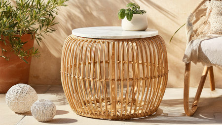 A rattan side table with a marble top is displayed outdoors. The table is surrounded by plants, decorative balls, and a chair. The natural light highlights the textures and colors of the scene, suitable for various commercial applications.の素材