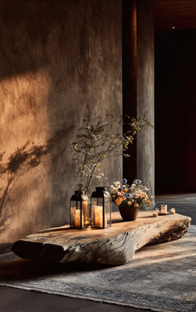 An indoor composition showcases a wooden coffee table adorned with lanterns and floral arrangements. The warm lighting creates a cozy ambiance. The image, taken during daylight, displays a neutral color palette, with textures and architectural details. It can be suitable for interior design projects and lifestyle editorial content.の素材