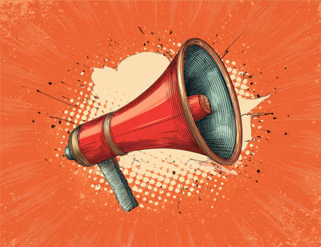 A vibrant illustration showcases a red megaphone set against an orange backdrop. The image features detailed line work and a retro aesthetic. Splatter effects and a speech bubble add visual interest. It could be used in various commercial projects, offering versatility for design or editorial content.の素材