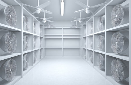 A symmetrical composition features numerous white shelves with fans arranged along walls. Overhead lighting casts a uniform illumination across the scene, highlighting the clean lines and minimalist design. The image's style suggests commercial or industrial applications and could be used for product display or conceptual art.の素材