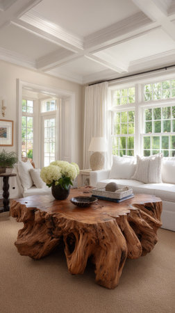 A large, unique wooden coffee table sits in the foreground of a bright, airy living room. The composition features a white sofa, large windows, and a beamed ceiling. The scene is illuminated by natural light, with neutral colors dominating. This image could be used for interior design projects or lifestyle content.の素材