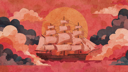 An illustration portrays a sailing ship against a vibrant sunset. The artwork features a watercolor style with warm hues of red, orange, and pink. Clouds and the sun are prominent, while the ship's silhouette adds detail. Suitable for various design projects, this image is adaptable for both commercial and editorial uses.の素材