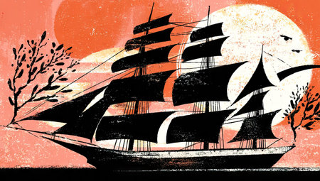 A stylized illustration depicts a sailing ship silhouetted against a vibrant orange and red sunset. The image features detailed textures, with a focus on contrasting dark and light areas. This artwork may be used for themes like exploration, adventure, travel, or maritime projects.の素材