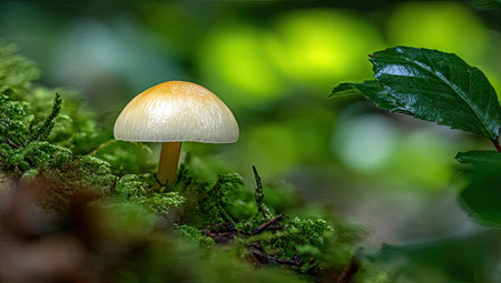 A solitary mushroom with a rounded cap stands out amidst vibrant green moss and foliage. The image displays a shallow depth of field, enhancing the focus on the mushroom, set in a forest environment with soft, natural lighting. This scene could be used for editorial content, educational resources, or artistic representations.の素材