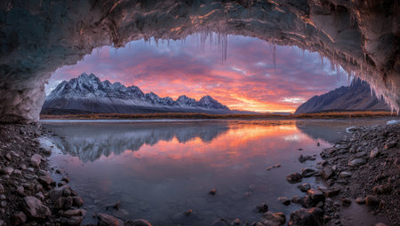 A panoramic view showcases a mountain lake under a colorful sunset. The scene presents a cave opening framing the vista of the lake, mountains, and vibrant sky. The composition features natural textures, with potential uses in travel, environmental, or landscape design projects.の素材