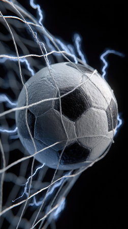 A soccer ball rests within a net, visually enhanced with electrifying blue lightning bolts. The composition utilizes a dark background, emphasizing the dynamic contrast. The image portrays a sense of motion and power, suitable for conceptual illustrations in sports or energy-related advertising or editorial contexts.の素材