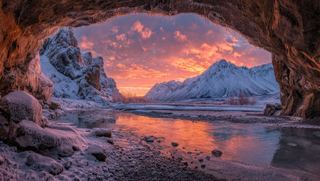 A landscape photograph captures the view from a cave opening at sunset. Snow covers the mountains and surrounding environment, reflecting in the calm water. The sky displays shades of orange and pink. This image may be useful for travel publications, websites, or environmental projects.の素材