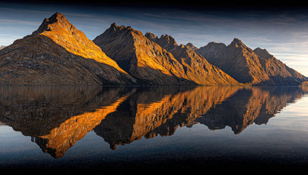 A landscape showcases a mountain range mirroring in tranquil water. The image features textured, brown mountains bathed in warm sunlight, reflecting onto the still water. The composition is balanced, with a clear sky above, and could be utilized for various editorial or commercial projects.の素材