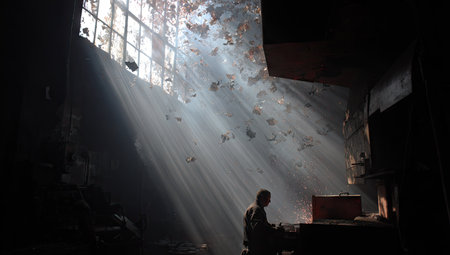 A lone figure is silhouetted in an interior space, illuminated by intense beams of sunlight. The composition highlights the contrast between light and shadow. The image features a textured wall and a window, possibly indicating an industrial setting. Suitable for various commercial or artistic applications.の素材