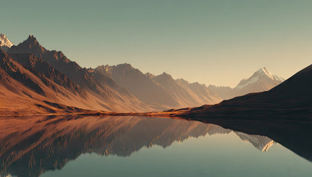 A serene mountainous landscape showcases peaks reflected in a still lake. The scene exhibits a warm color palette dominated by browns and blues, with the light hinting at either sunrise or sunset. This imagery could be used for various projects, including illustrating natural beauty or enhancing environmental themes.の素材