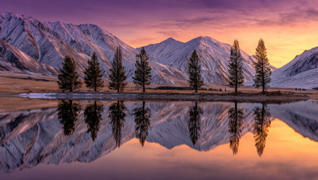 A picturesque landscape presents snow-capped mountains reflected in still water. The scene features a row of trees and vibrant sky hues of purple, orange, and yellow. The composition and lighting suggest outdoor photography suitable for travel or environmental themes and various commercial projects.の素材