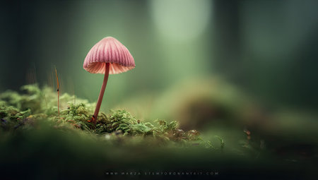 A solitary mushroom with a pink cap stands prominently on a mossy surface. The image features a shallow depth of field, with a blurred background of green foliage. Soft lighting illuminates the mushroom and surrounding textures. The image could be used for nature-related projects or editorial illustrations.の素材