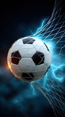 A soccer ball, with black and white panels, is shown inside a net with a dark background. The image has dramatic blue lightning effects and appears to be digitally enhanced. Suitable for sports-related articles, promotional materials, or general visual content requiring dynamic imagery.の素材