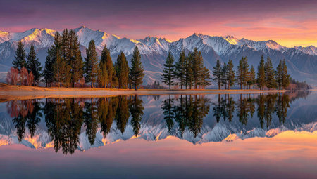 A breathtaking landscape showcases a lake reflecting snow-capped mountains and evergreen trees. The sky is painted with vibrant colors, including orange, pink, and purple hues. The composition utilizes natural light and symmetry to capture the tranquil environment. This image is suitable for various commercial and editorial applications.の素材