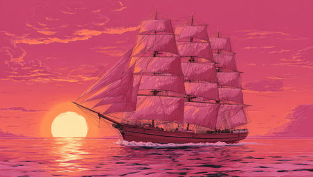 A sailing ship is depicted against a sunset sky, rendered in a pixel art style. The image features shades of pink, red, and orange. The composition includes the ship on the water, the sun, and the sky with clouds. This image could be suitable for various editorial or design projects.の素材