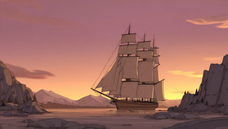 A sailing ship is depicted navigating through the water during sunset. The image showcases a smooth, cartoon-like style with a palette of warm colors. Mountains and land formations appear in the background, illuminated by a gentle light. This scene is suitable for various commercial and editorial applications.の素材