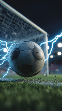 A soccer ball streaks towards the goal, energized with electric effects. The scene takes place on a green field, contrasting against a dark background. The composition emphasizes movement, capturing a moment of action with potential use in sports-related promotions, or editorial content.の素材