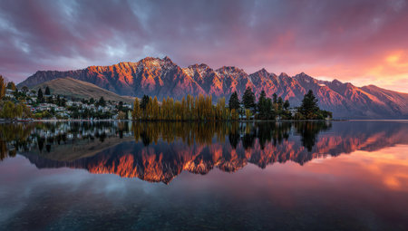 A mountain range is reflected in a serene lake under a colorful sunset. The composition features dramatic lighting with hues of purple, orange, and gold. The scene suggests a natural environment, perhaps suitable for travel or environmental concepts, and adaptable for various commercial applications.の素材