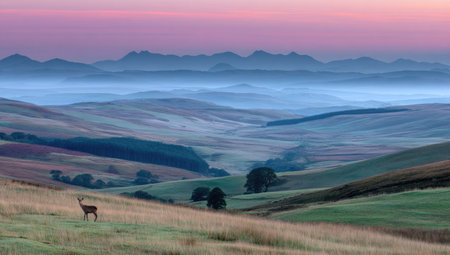 An outdoor scene depicts a deer standing on a grassy hill, framed by rolling hills and distant mountain silhouettes under a dusky, colorful sky. Soft textures and low light emphasize the natural setting. Suitable for illustrating environmental themes, nature articles, or artistic projects, this image offers serene visual appeal.の素材