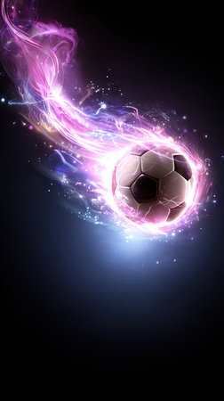 A soccer ball is depicted with a radiant, abstract energy trail in shades of pink and purple. The artwork features dynamic composition and a dark background, creating a sense of movement. This imagery is suitable for various creative projects, advertising campaigns, or editorial content related to sports or energy.の素材