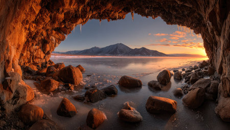 This image depicts a cave opening framing a picturesque landscape. Warm, golden light bathes the scene, contrasting with cooler hues on the water and distant mountains. The composition features natural textures, from the cave's rough stone to the smooth water. This scene could be suitable for travel brochures, environmental articles, or artistic displays.の素材