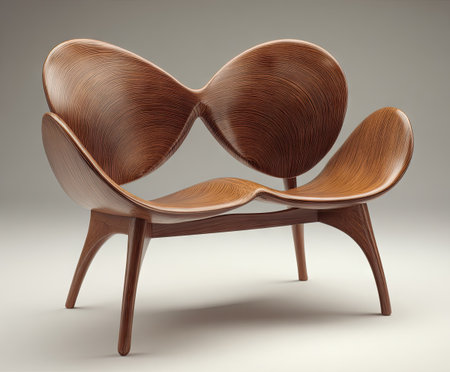 This image features a unique wooden chair with an organic, curved design. The chair showcases warm brown tones and a smooth texture. The composition highlights the chair against a neutral background, emphasizing its artistic form. Suitable for editorial and commercial projects focusing on design or furniture.の素材