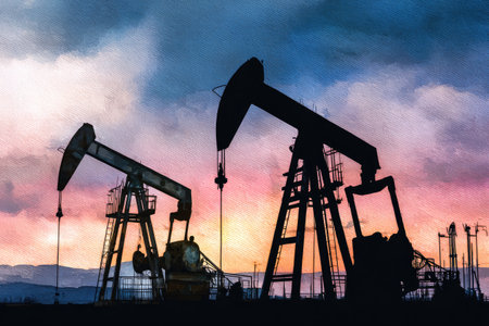 Two oil derricks stand silhouetted against a vibrant sky with shades of pink, orange, and blue. The image showcases the industrial structures, possibly suggesting energy production or petroleum extraction. The photograph is likely suitable for commercial applications, illustrating themes of industry, natural resources, and environmental concepts.の素材
