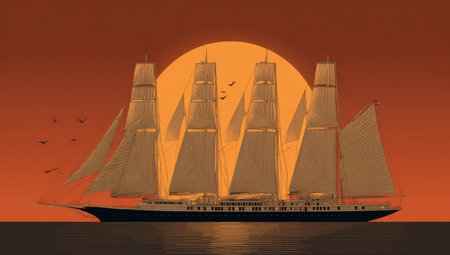 An illustration depicts a large sailing ship silhouetted against a setting sun. The image features warm colors, creating a dramatic contrast with the dark ship. Several birds are visible in the sky. The artwork suggests adventure and travel, and may be suitable for various commercial applications.の素材