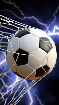 A soccer ball in a net against a backdrop of lightning. The ball displays a classic black and white pattern. The composition features a dark background with vibrant electrical discharges. It may be useful in sports, competition, or dramatic visual content.の素材