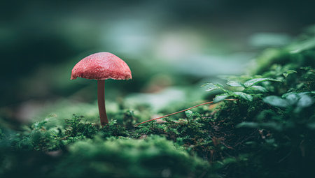 A single red mushroom stands prominently amidst vibrant green foliage. The image showcases a natural setting, with soft lighting and blurred background, enhancing the focus on the mushroom. This detailed shot could be utilized for various nature-themed projects, including illustrations, and editorial content.の素材